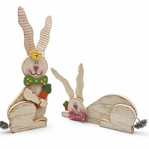 Hobby Lobby Easter Bunny Shelf Sitters Rustic Wood Tin Ears Wire Tail Decor Set